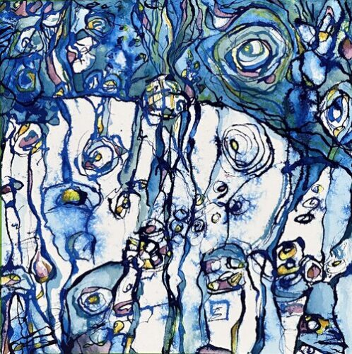 organic abstract acrylic painting in blues