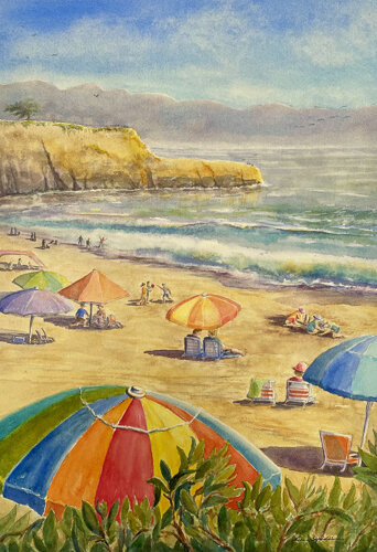 watercolor painting of a colorful crowded beach scene with umbrellas