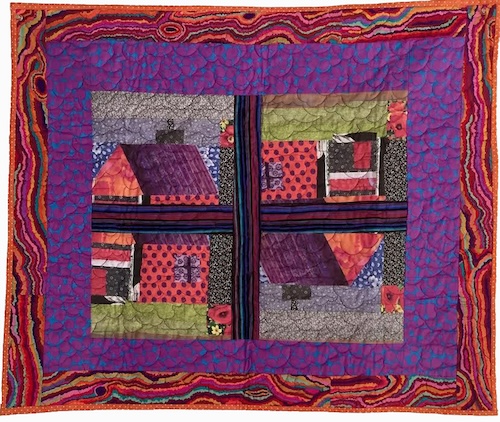 handmade textile collage quilt with house theme