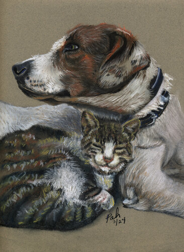 pastel drawing of a dog and cat