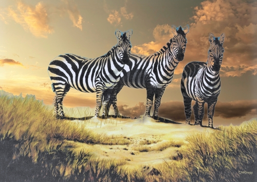 Oil painting of zebras on the plains