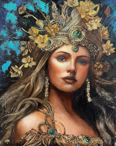 striking portrait of a young woman in a headdress