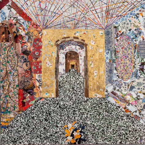 complex mixed media collage art of a crowded room