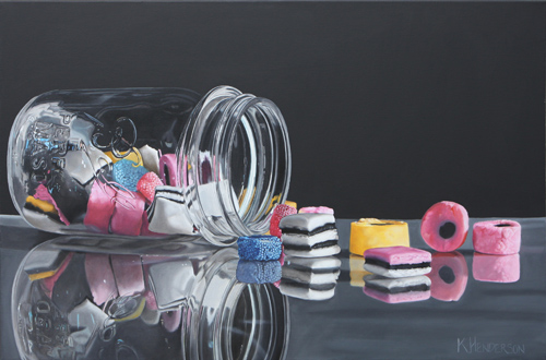 realistic oil painting of licorice candies