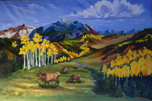 plein painting of elk in a landscape
