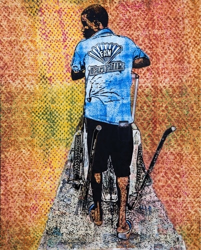 Mixed media image of a Ghana man selling FanMilk by Tjasa Rener