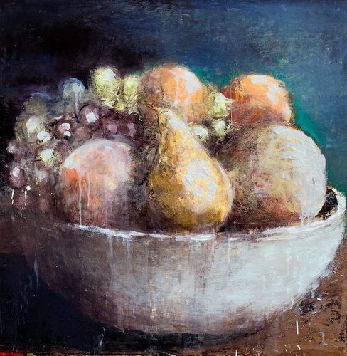 encaustic and oil painting of a bowl of fruit