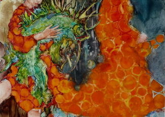 abstract watercolor of a woman and daughter with a fish by Margali Lenarczak