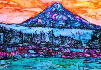 reverse painting on plexiglass, mountain scene