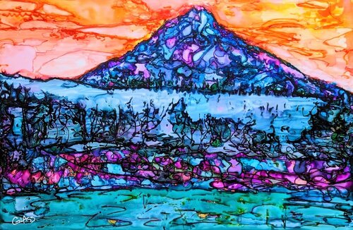 reverse painting on plexiglass, mountain scene
