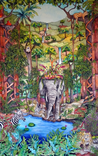 whimsical watercolor and ink painting of an elephant in the forest
