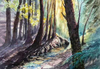watercolor painting of a path in the woods
