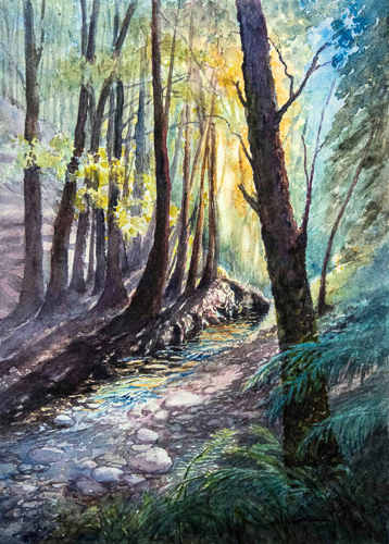 watercolor painting of a path in the woods