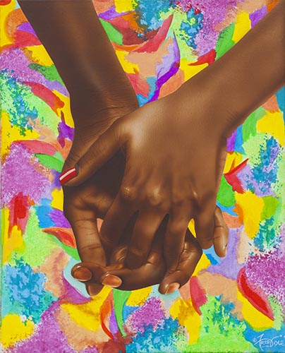 Acrylic painting of two hands clasped together against a vibrant background by Fred Odle
