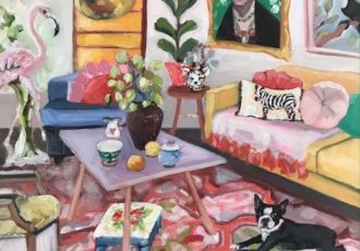 painting of an interior with a dog by Petra Pinn
