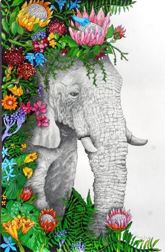 whimsical painting of an elephant in watercolor and ink