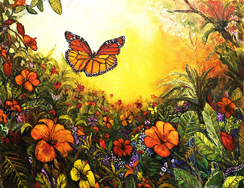 oil painting of a butterfly in a garden