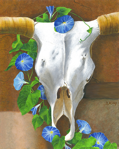 Painting of a cow skull covered by morning glories