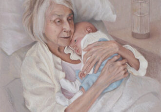 pastel drawing of a grandmother and infant