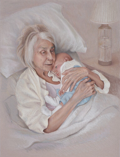 pastel drawing of a grandmother and infant