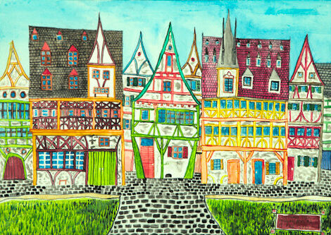 watercolor painting of a traditional European village