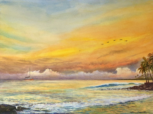 watercolor of a beach sunset