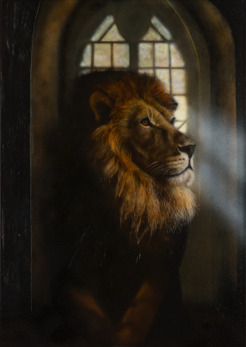 painting of a lion in front of a light-streamed window