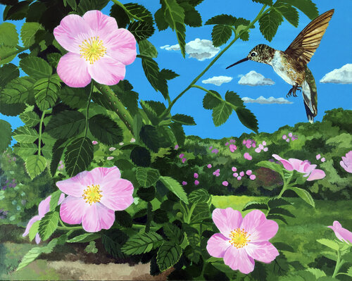 painting of a hummingbird and roses