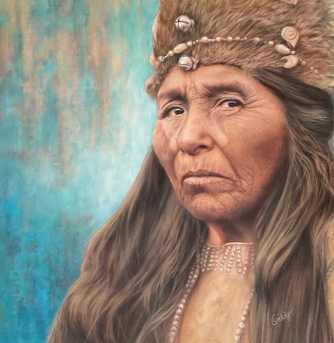 colored pencil of a Native American woman in a hat