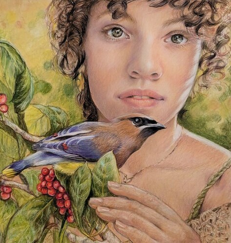 colored pencil portrait of a young woman and bird