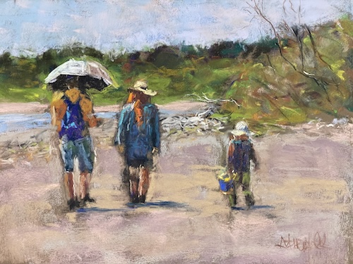 beach scene with walkers in pastel