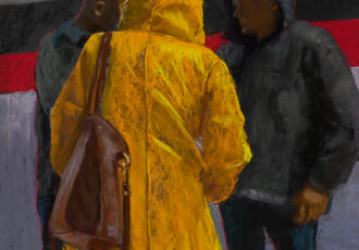 pastel drawing of three people on the street