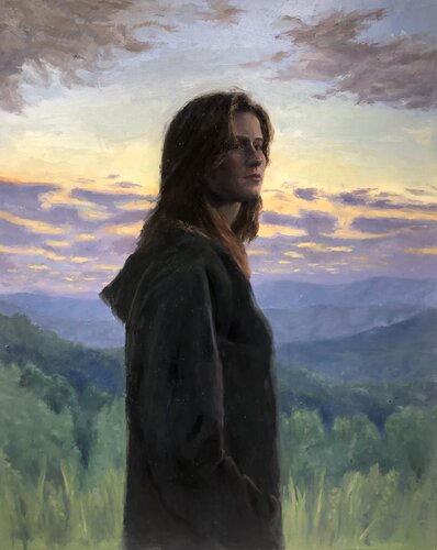 oil painting young woman in a mountain setting