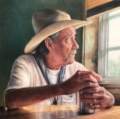 colored pencil portrait of an older cowboy in a window