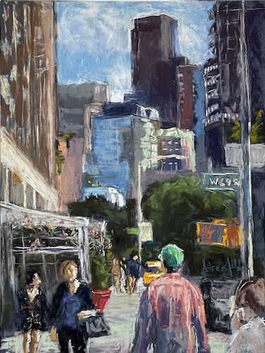 figurative artwork in pastel urban scene