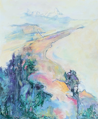 ethereal painting of a road disappearing up a mountain