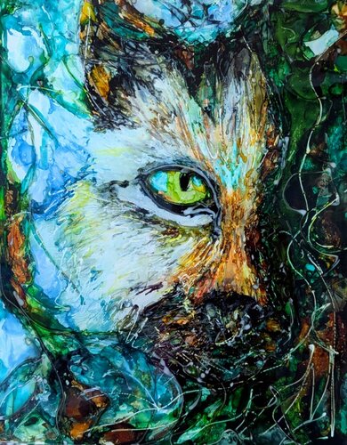 reverse painting of a cat's face