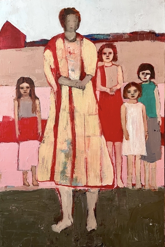 folk art painting of a group of women