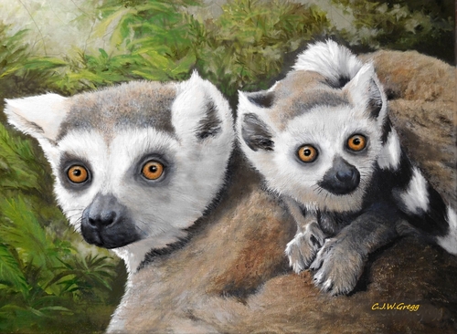 realistic oil painting of a mother and baby lemur