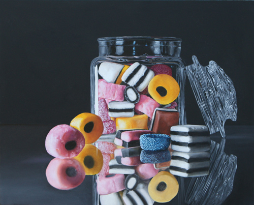 realistic oil painting of licorice allsorts
