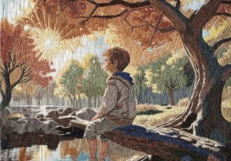 embroidered scene of a young boy in a tree