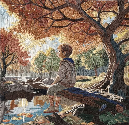 embroidered scene of a young boy in a tree