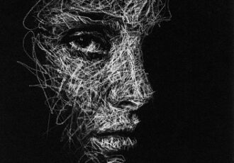 "Natalie" white pastel scribble art on black paper, 21cm x 30cm