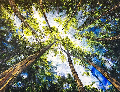 oil painting looking up through the trees