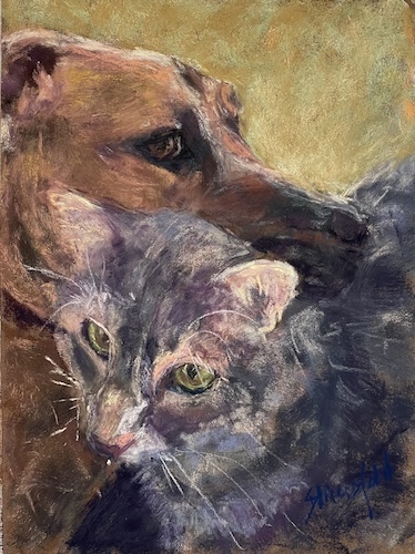 pastel painting of dog and cat friends