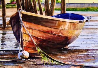 watercolor painting of a boat at low tide