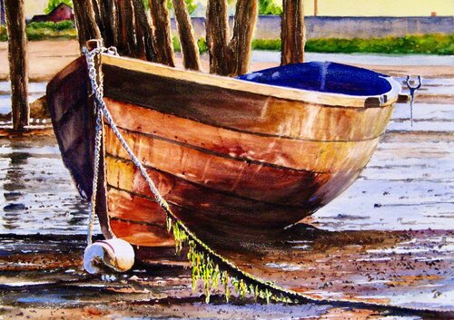 watercolor painting of a boat at low tide