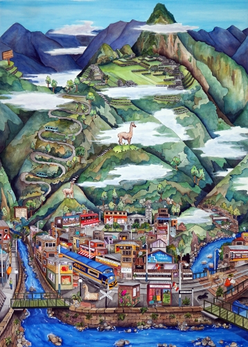 whimsical detailed watercolor painting of Machu Picchu
