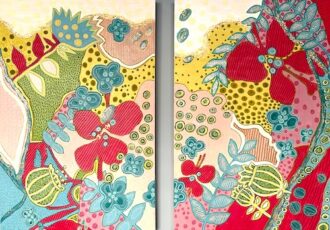 diptych of colorful floral paintings