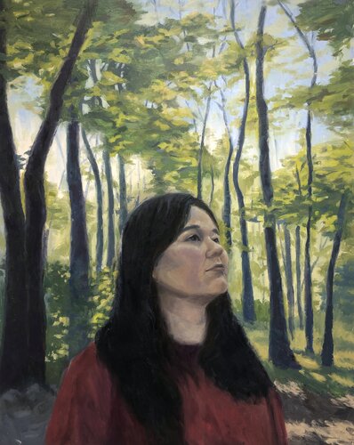 oil painting of a landscape with woman healer